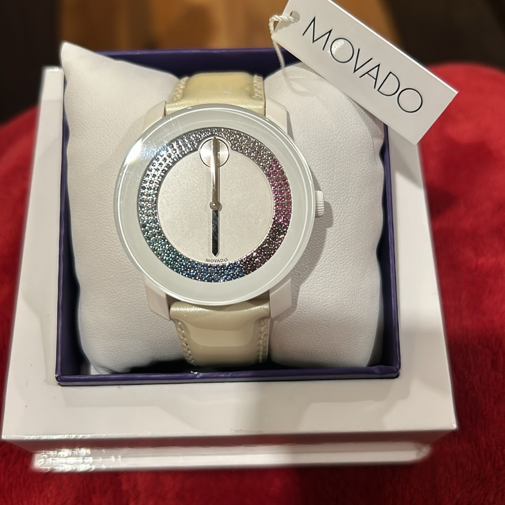 Discounted- Repair Needed- Women’s sleek Bold Movado watch. Tags & original box.